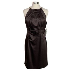Eliza J Brown Satin Halter Mini Dress Featuring a Gold Metal Neck Sz 6